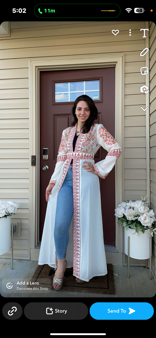 White and red open abaya