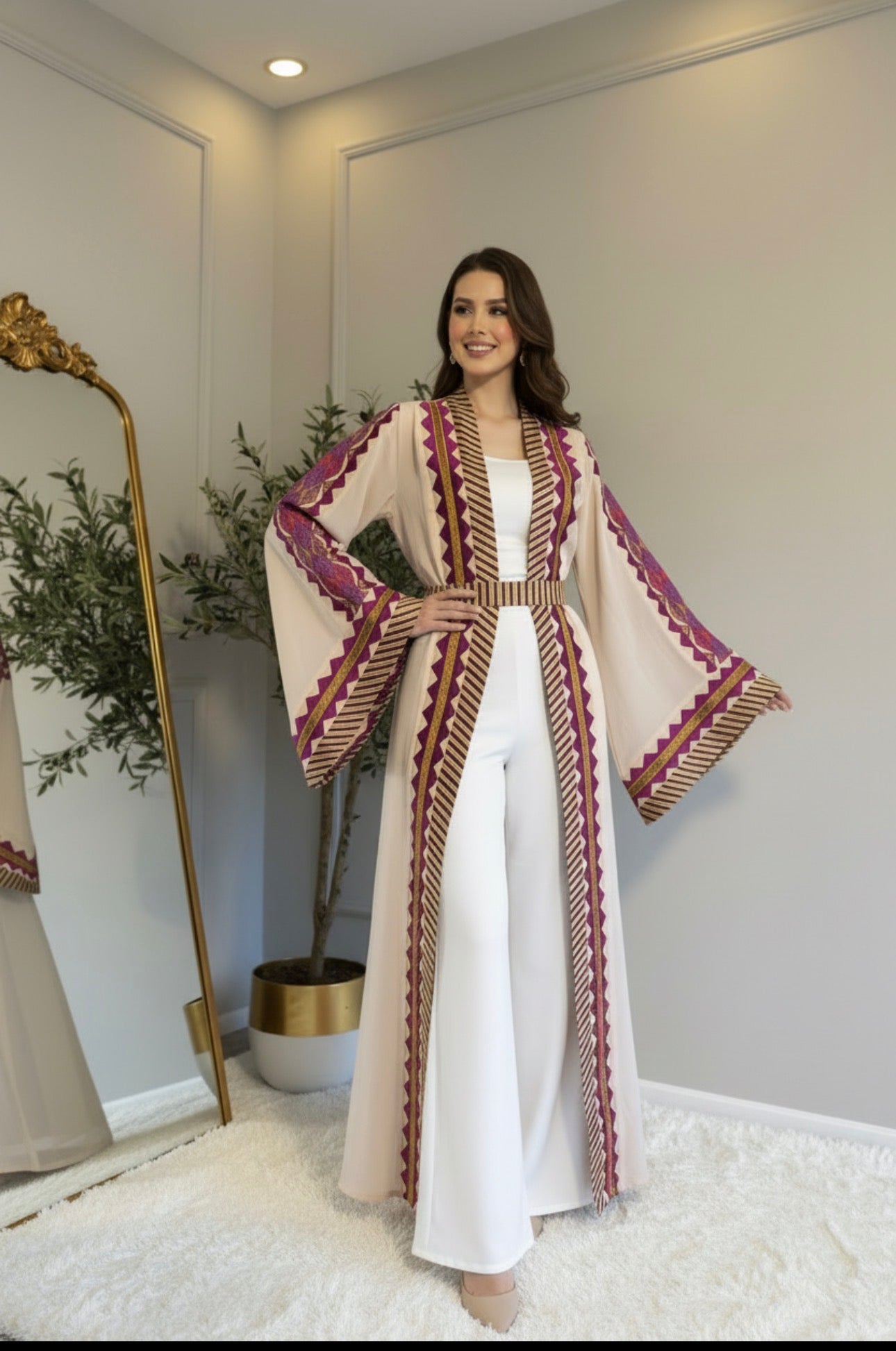 Beige embroidered open abaya with belt