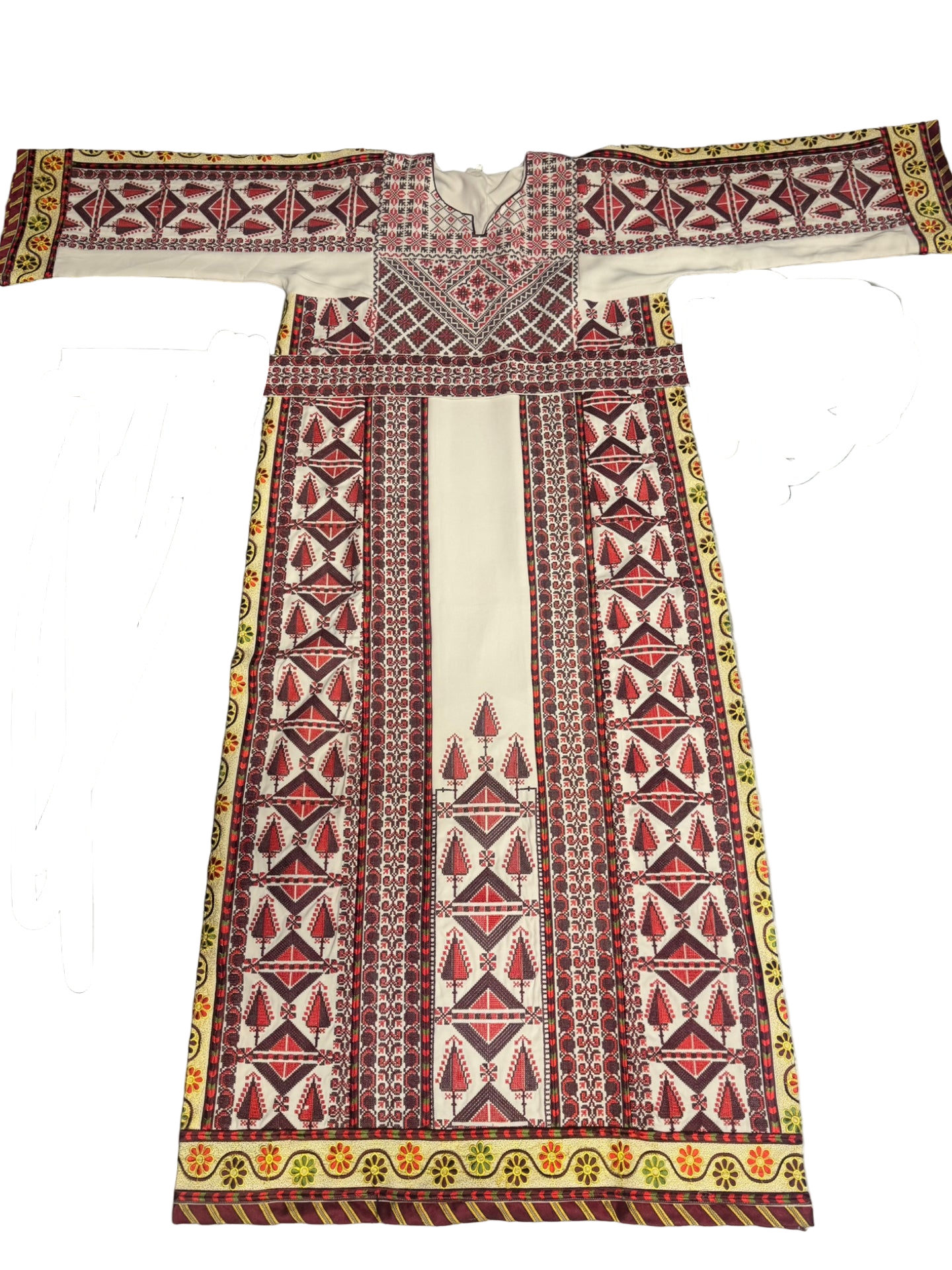 Off white thobe with red and burgundy embroidery
