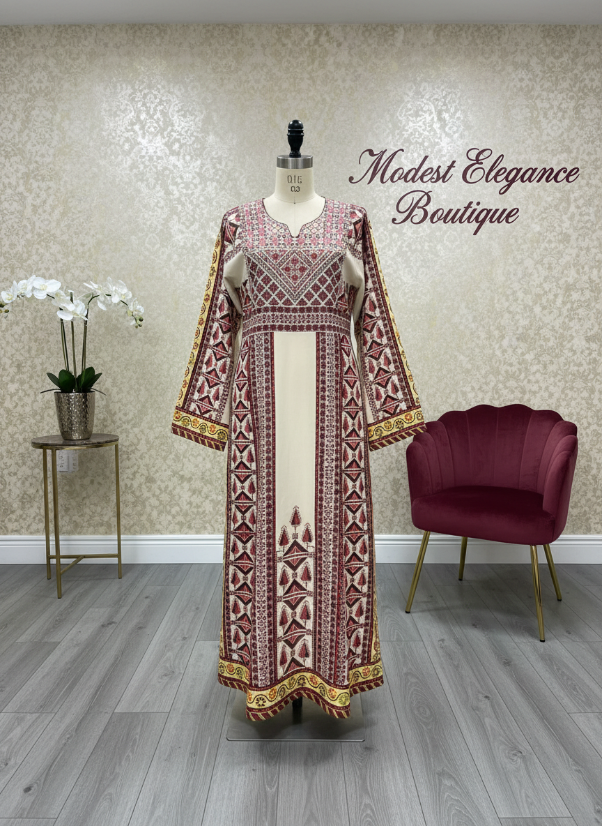 Off white thobe with red and burgundy embroidery