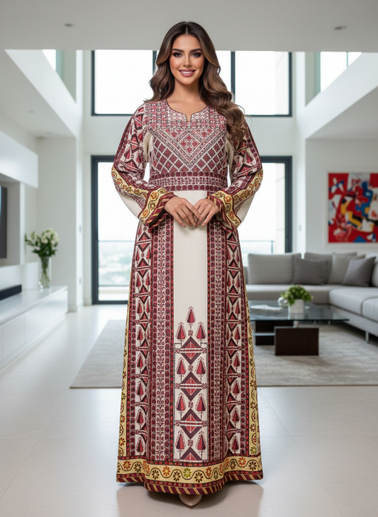 Off white thobe with red and burgundy embroidery