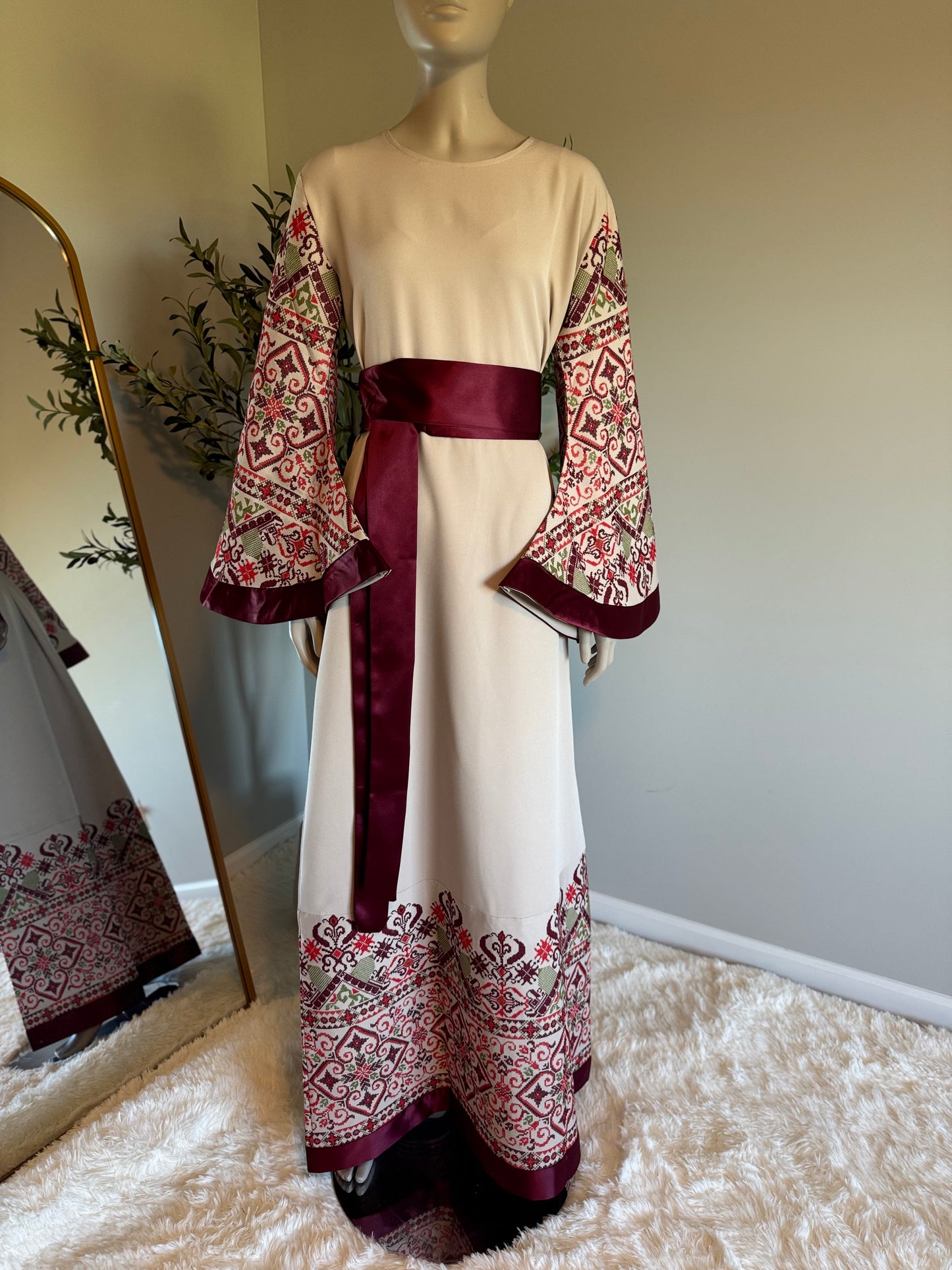 Beige and burgundy embroidered dress