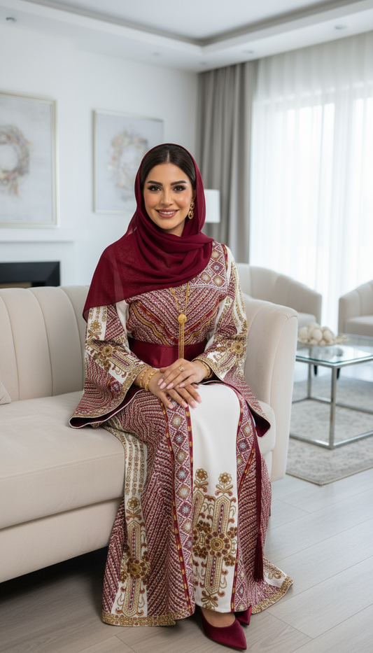 Off- white thobe with burgundy embroidery