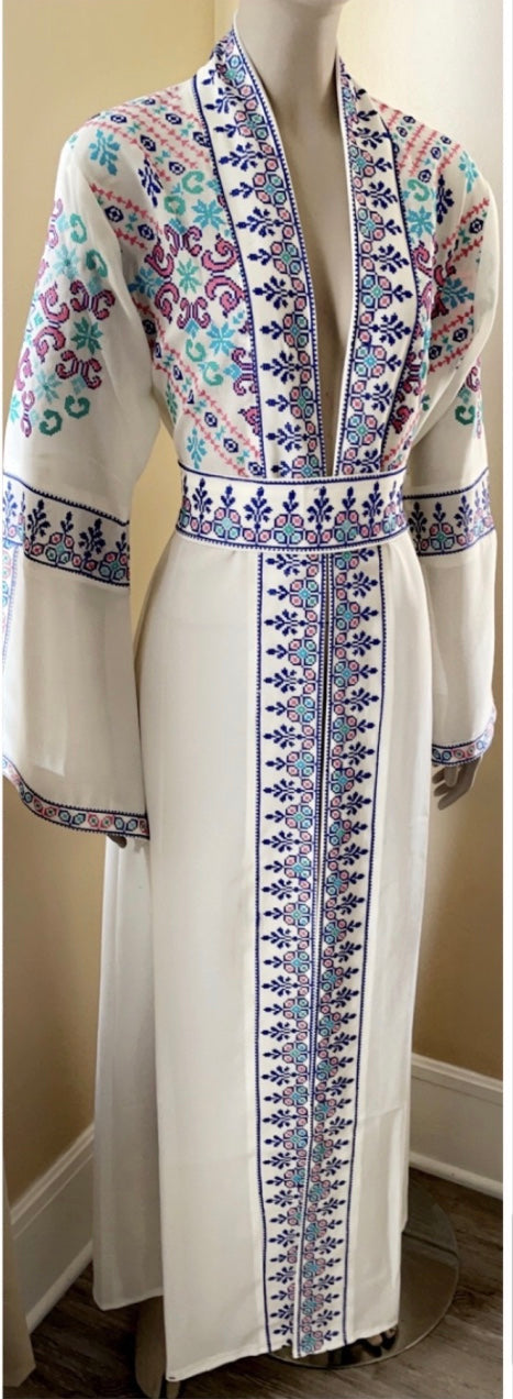 White and blue embroidered caftan