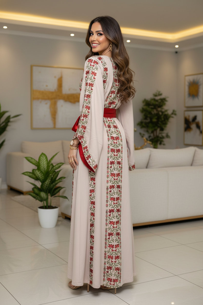 A beautiful beige and red dress with fashionable sleeves