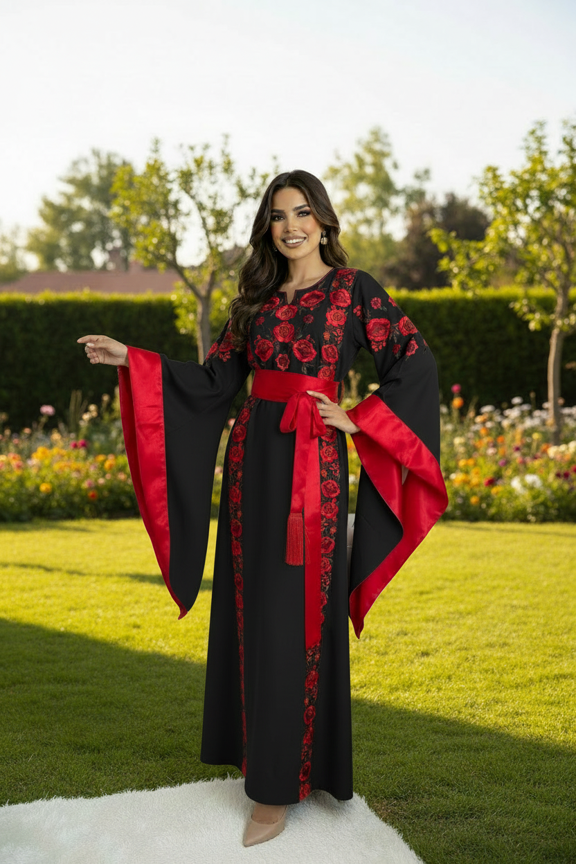 Black abaya - full length covering feet, elegant pose