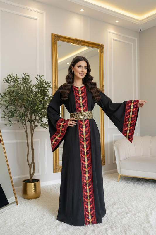 Black Tatreez Abaya — Elegant Structured Bell Flare