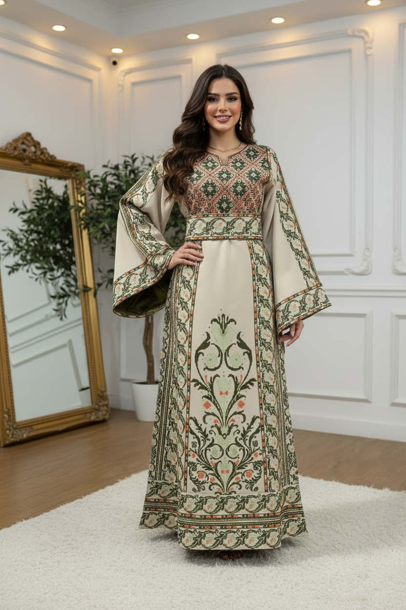 Cream Floral Thobe - Hands Visible