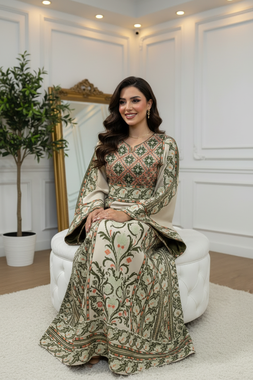 Cream Floral Thobe - Seated Ottoman Pose