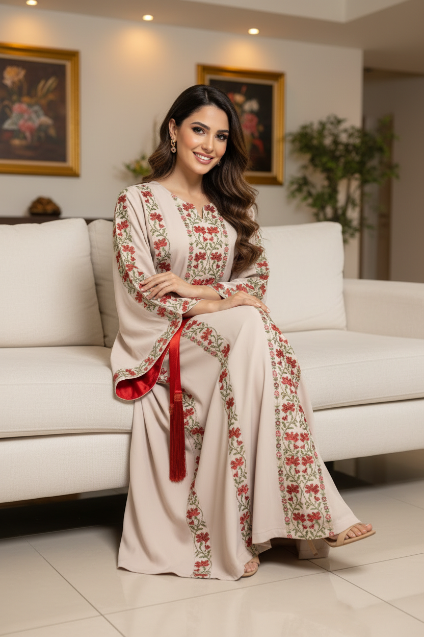 Embroidered abaya - relaxed sitting pose