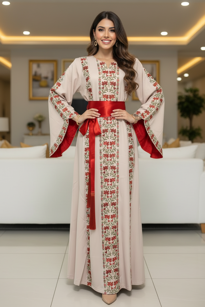 Embroidered abaya with jewelry - confident double hip pose