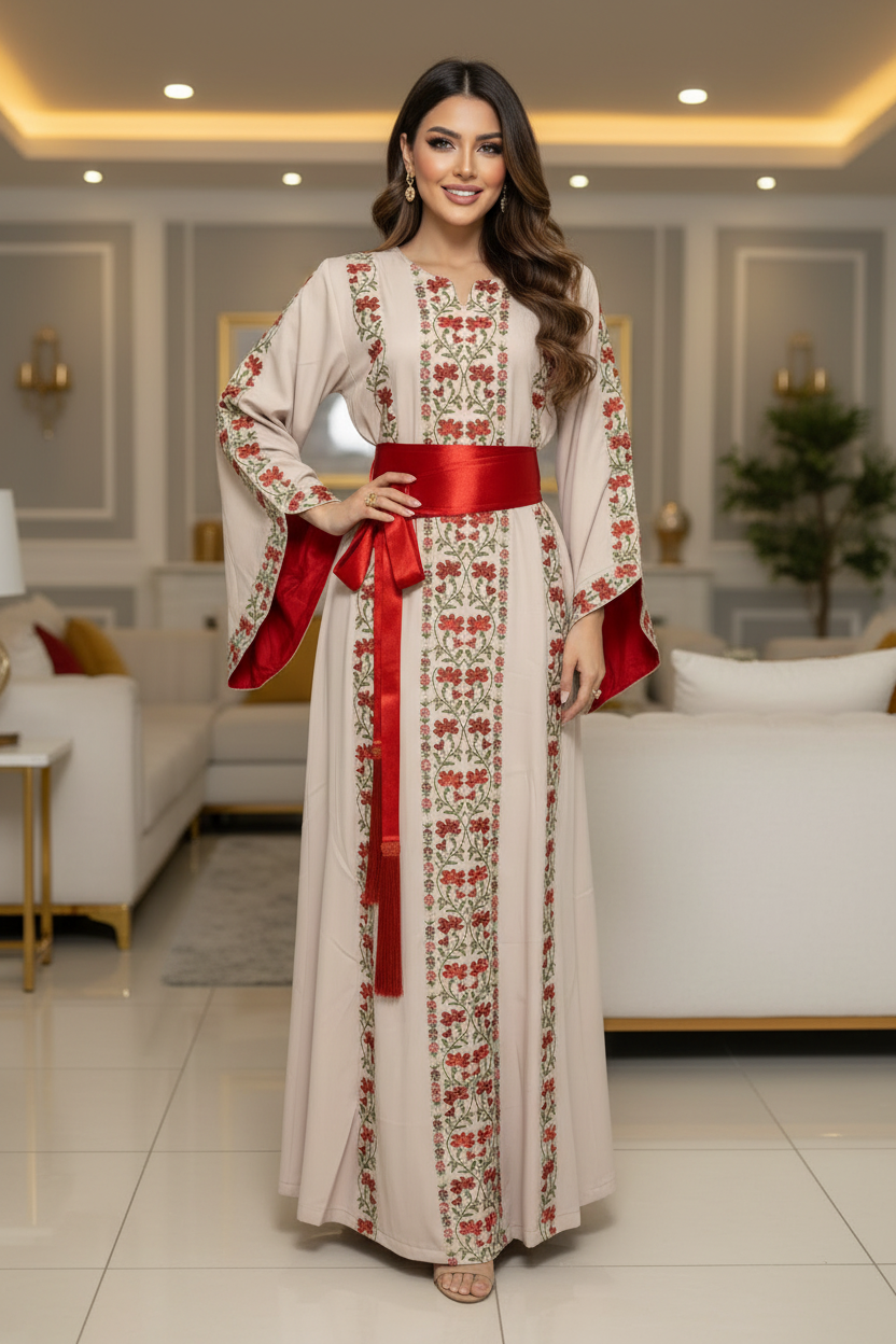 Embroidered abaya with jewelry - confident pose
