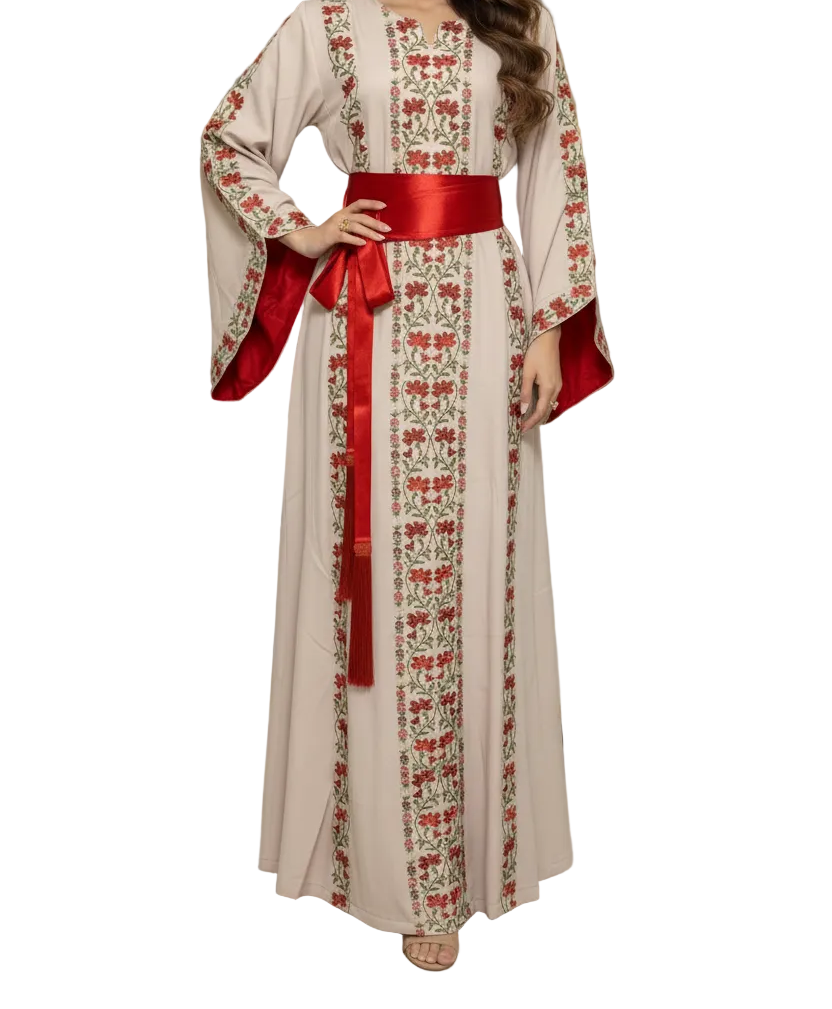 A beautiful beige and red dress with fashionable sleeves.