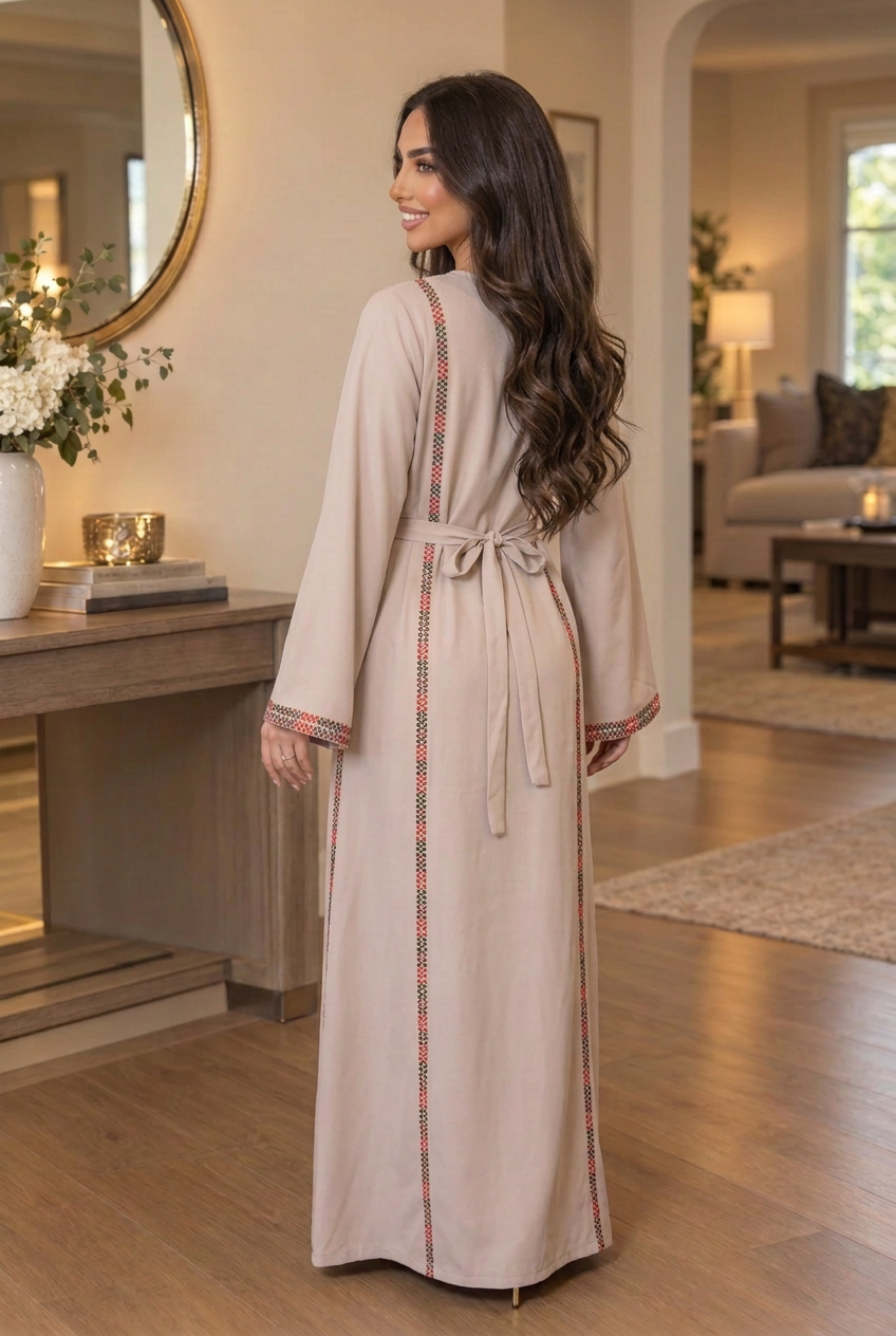 الفستان البيج من الخلف وشعر نانسي منسدل على ظهرها