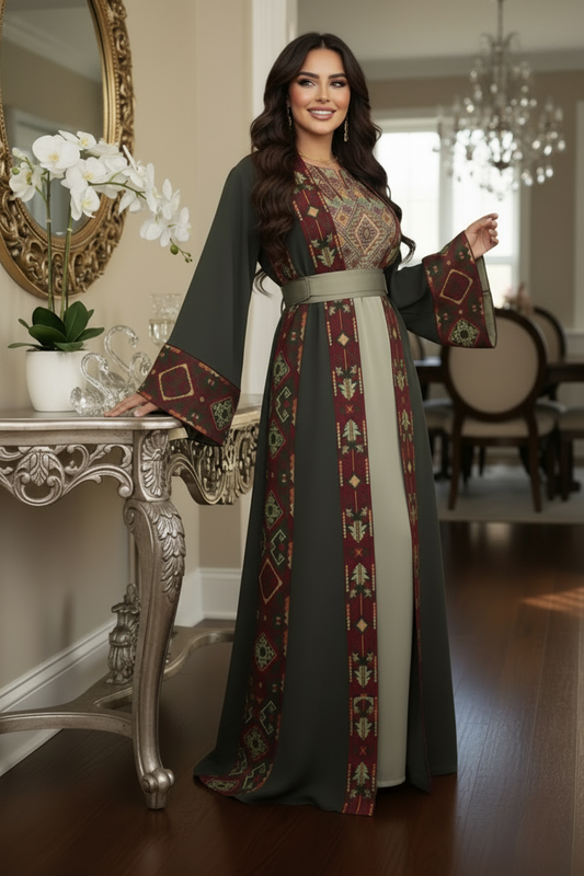 Olive green an sage green open Abaya with matching belt