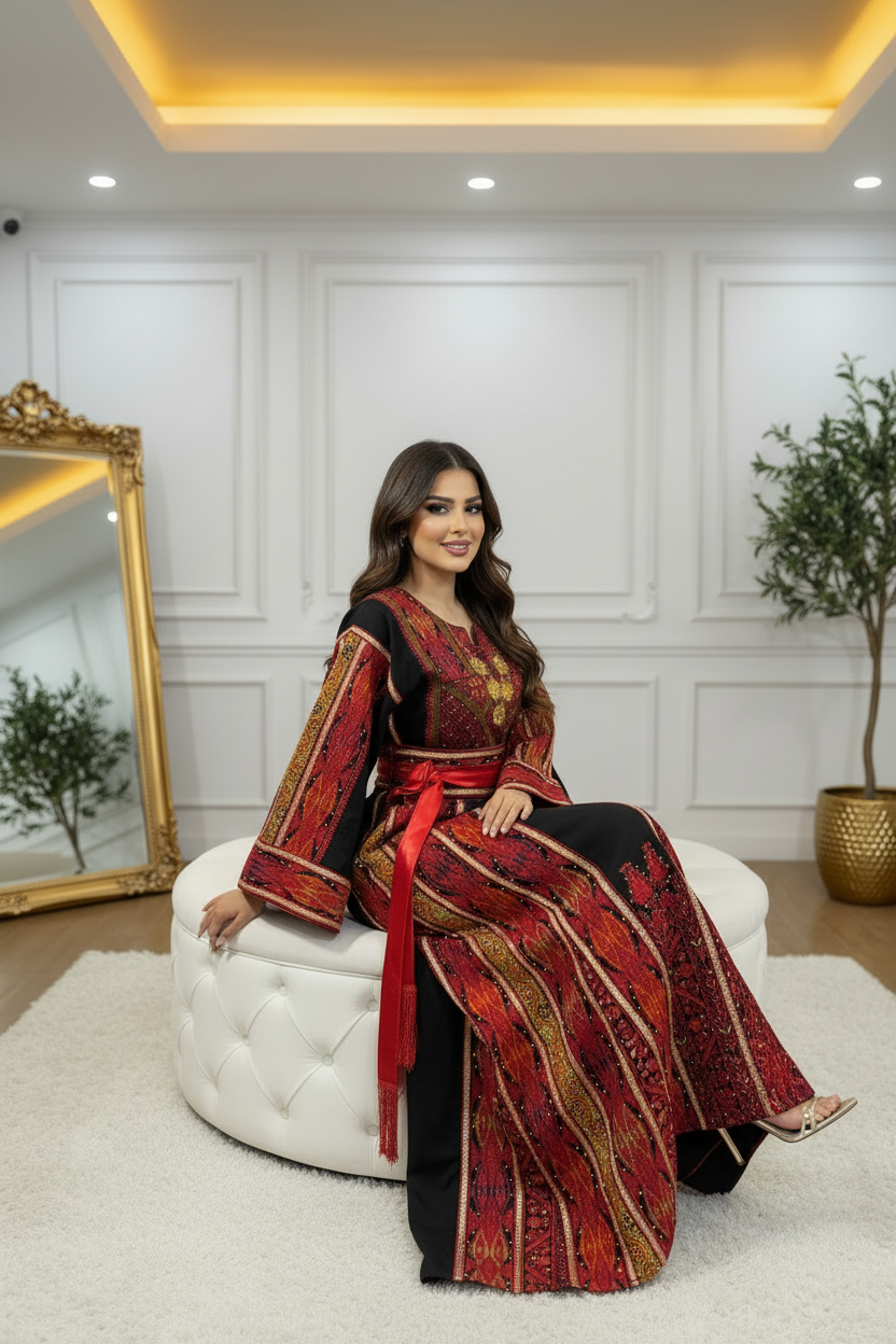 Leila Black Red Dress - Round Ottoman Pose 3
