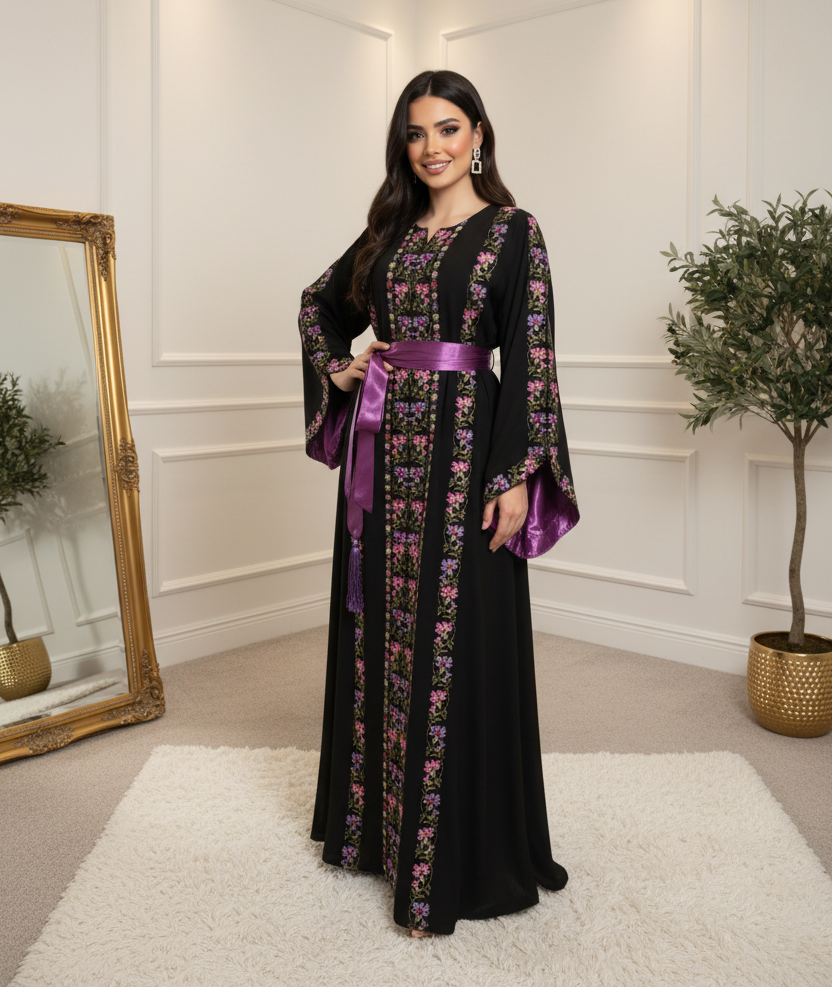 A beautiful black and purple dress with fashionable sleeves.