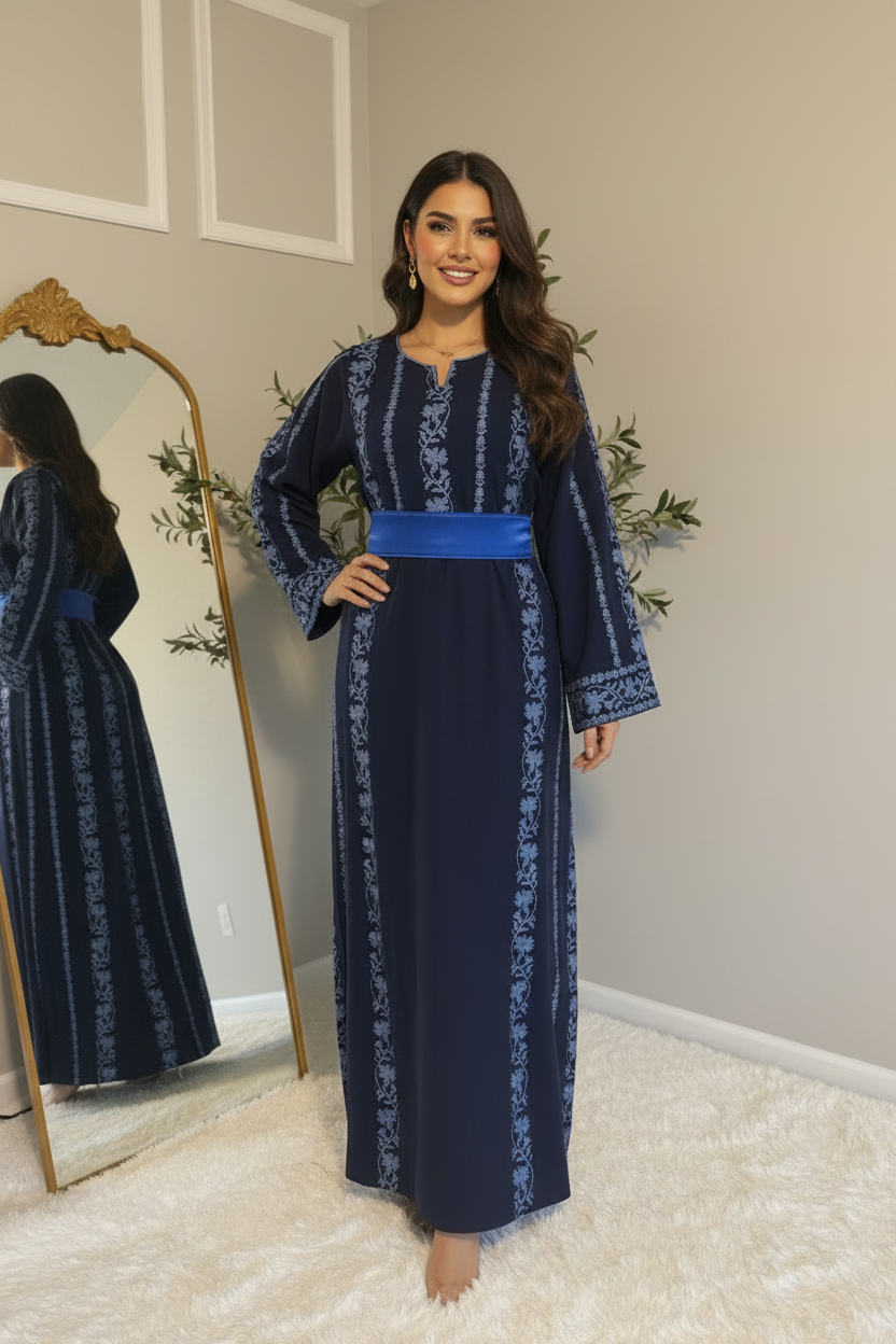 Navy Tatreez - Hidden Belt Long Dress