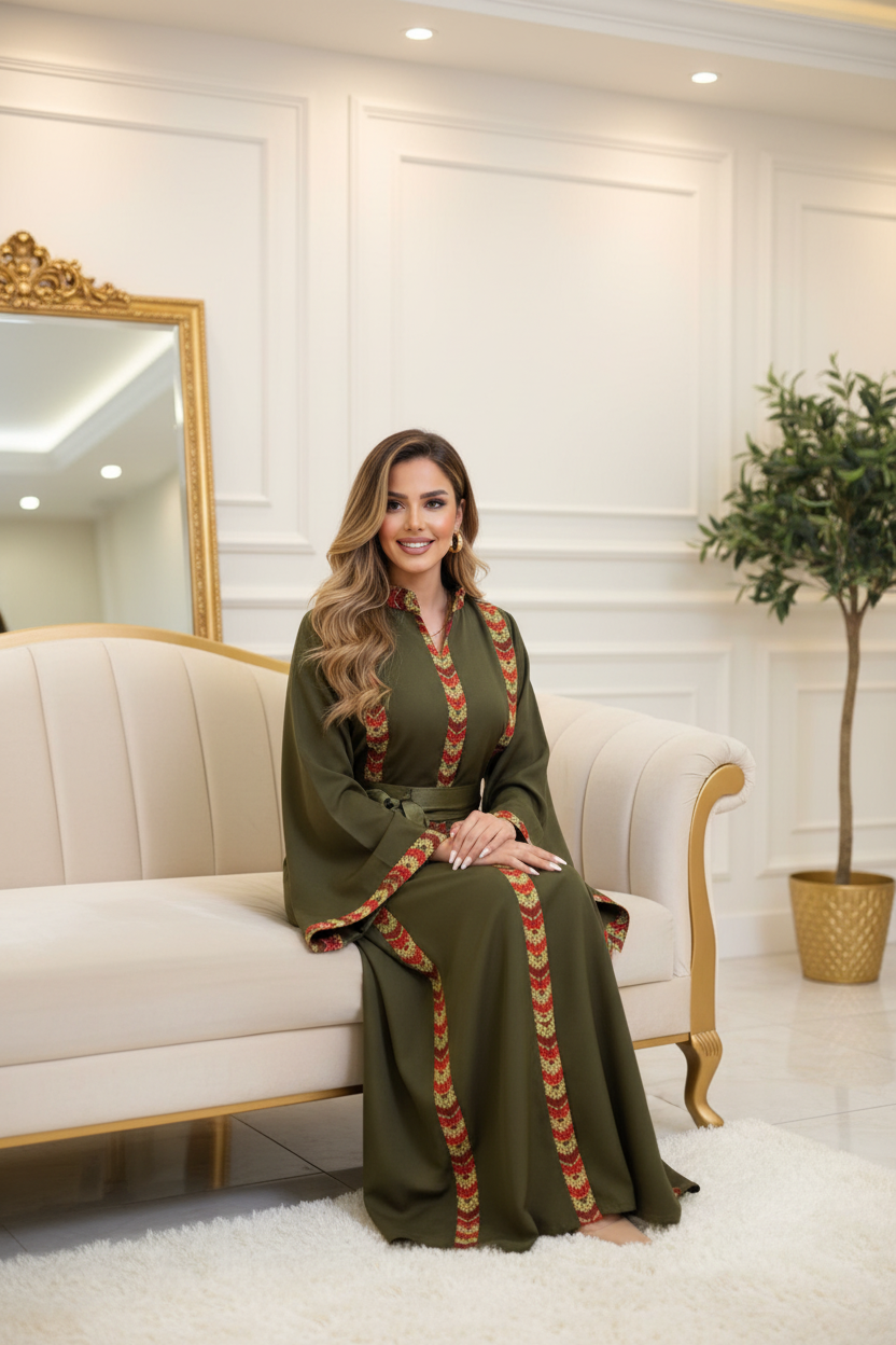Olive Green Abaya - Seated Pose 2