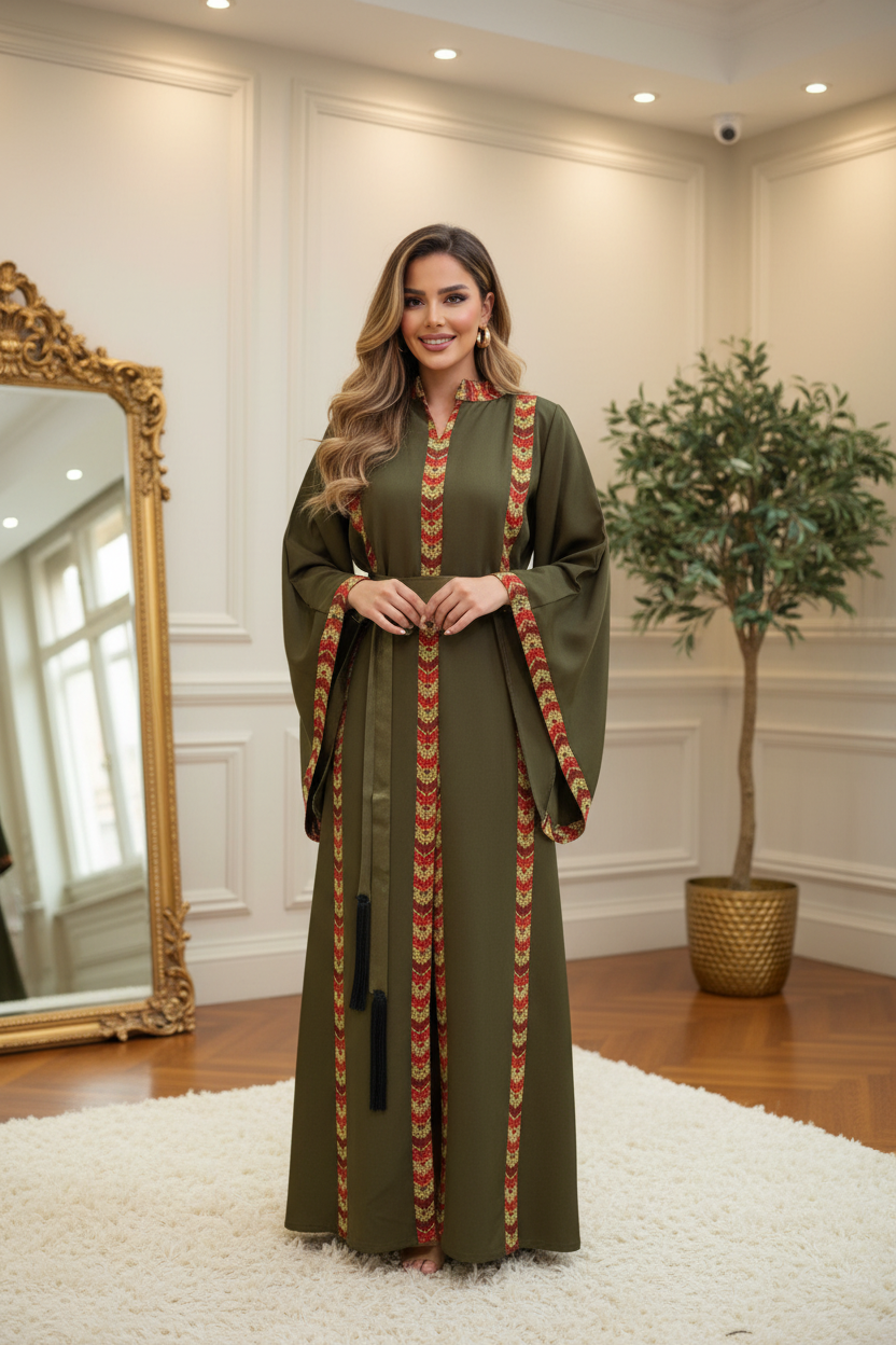 Olive Green Abaya with Model - Front View