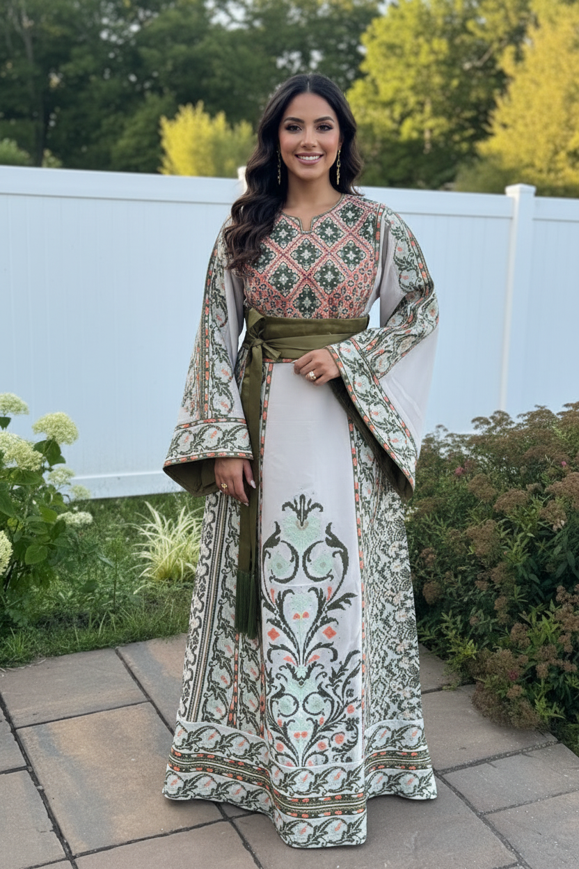 Beige thobe with olive green embroidery