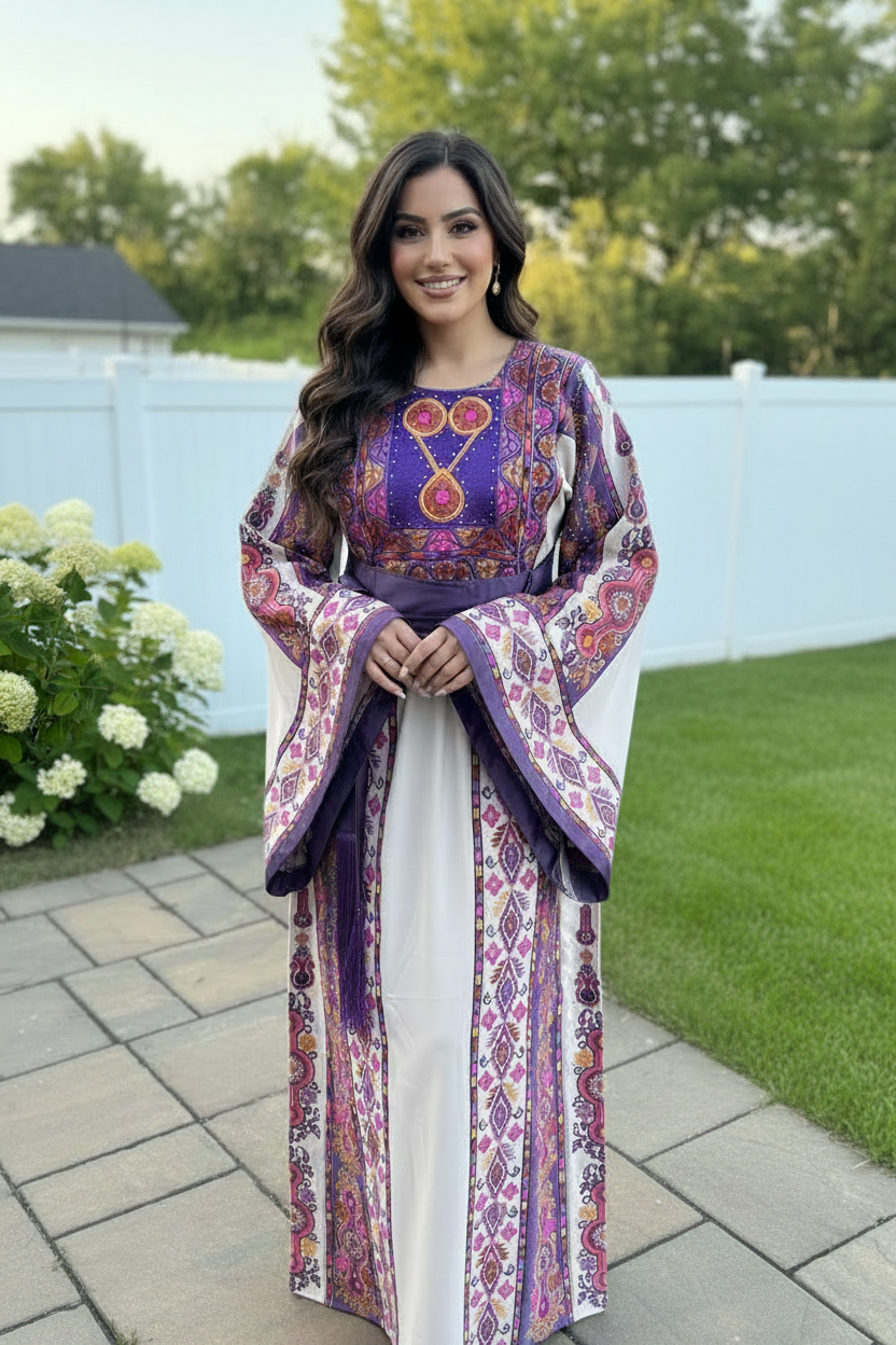 Purple Tatreez Thobe — Upgraded Garden Background